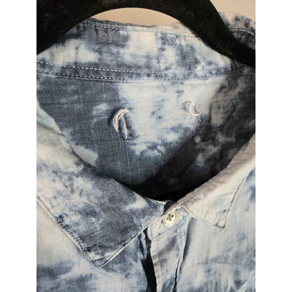 True Religion Tie Dye Western Shirt Indigo‎ Bleached Snap Button Denim